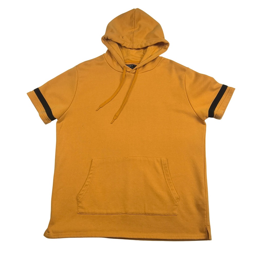 Forever 21 Men Mustard Yellow Short Sleeve Hoodie Sweatshirt XL Striped Sleeve